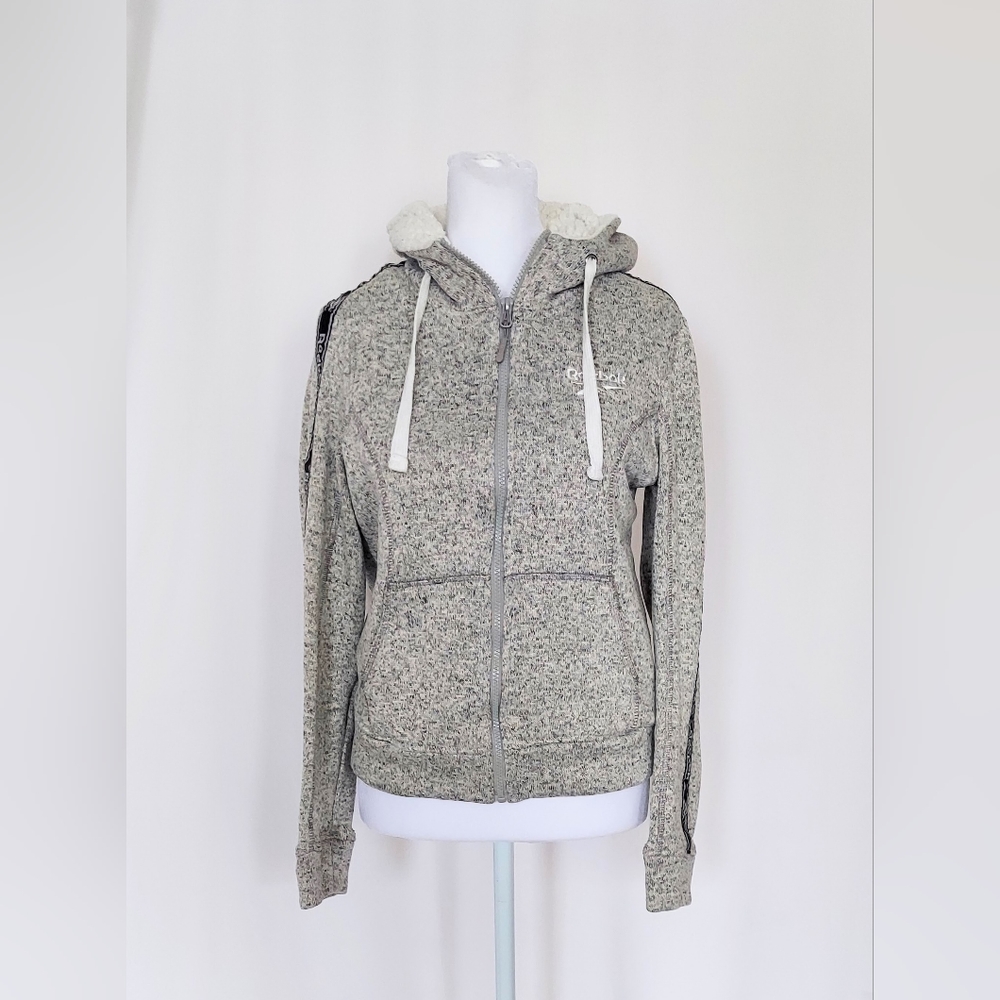 Reebok Full Zip Tape Sleeve Hooded Sweatshirt Jacket Gray Womens Small